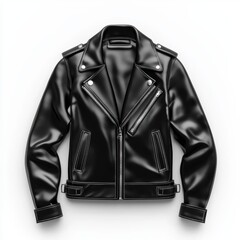 black leather jacket with zippers and a sleek design, centered on a clean white background