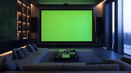 Modern living room with a large green screen for media viewing.
