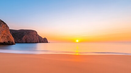 Serene sunset over a tranquil beach with gentle waves and cliffs in the background (1)