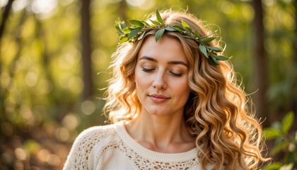 Woman with a willow crown and curly hair in nature