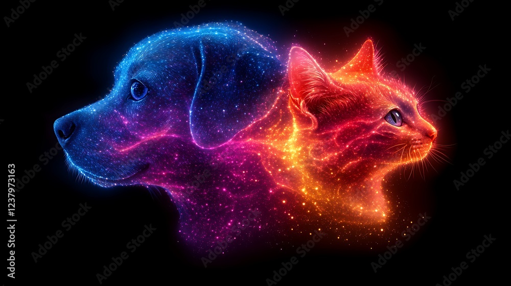 Wall mural Dreamy Abstract Art of Dog and Cat Surrounded by Cosmic Colors