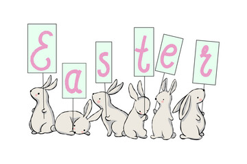 Cute bunnies hold posters with the letters Easter