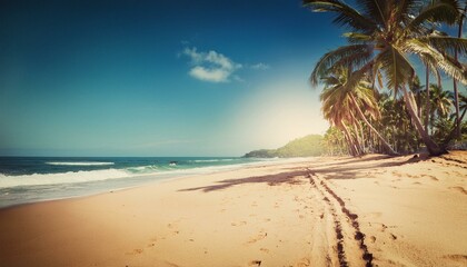 Serene Tropical Beach with Swaying Palm Trees, Golden Sand, and Turquoise Ocean Waves Under a Clear Blue Sky on a Sunny Day