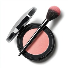 Blush compact with a soft powder texture and an elegant brush, placed on a bright white background