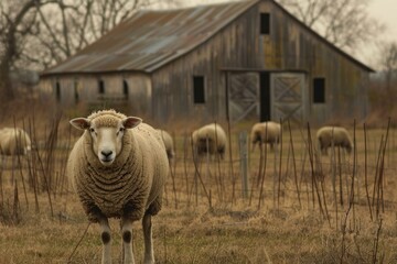 Sheep standing in pasture with other sheep grazing and an old barn in background