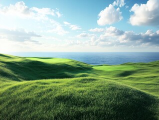 Green grass hills near the ocean.