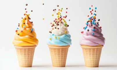Set of different ice creams in cones with topping syrup and colorful sprinkles, on white background