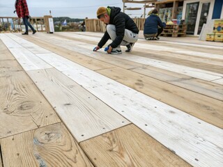 Two adult men laying wooden planks outdoors on a patio. Home improvement project.