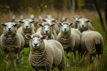 Naklejka premium Flock of sheep grazing in green pasture on farm