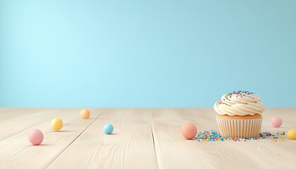 A beautifully decorated cupcake with colorful sprinkles on a wooden table against a light blue background
