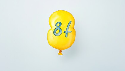 Bright yellow balloon shaped like the number 84 floating against a plain background, symbolizing celebration