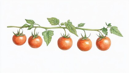 A vibrant illustration of ripe tomatoes on a vine against a clean white background