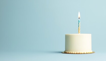 A minimalist birthday cake with a single candle on a light blue background, celebrating joy
