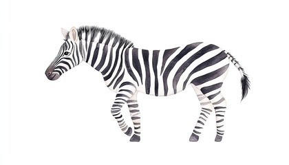 Watercolor illustration of a zebra walking gracefully against a plain background