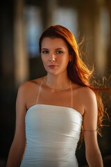 Portrait of a young woman with red hair.