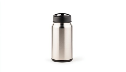 Stainless steel travel mug standing upright on a plain background, ideal for outdoor adventures
