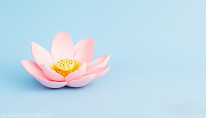A delicate pink lotus flower with yellow center against a soft blue background, symbolizing tranquility