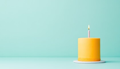 Bright yellow birthday cake with a single candle on a pastel blue background, celebrating joy