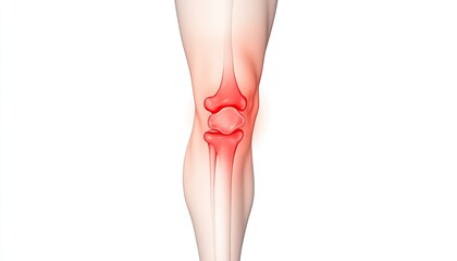 Anatomical illustration of a human knee joint highlighting inflammation and pain points