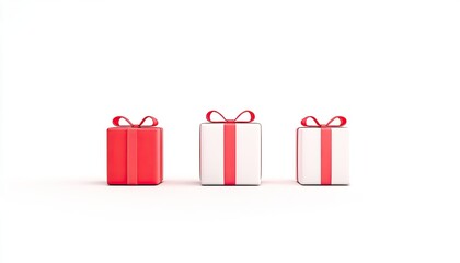 Three beautifully wrapped gift boxes with red and white ribbons against a minimalist white background