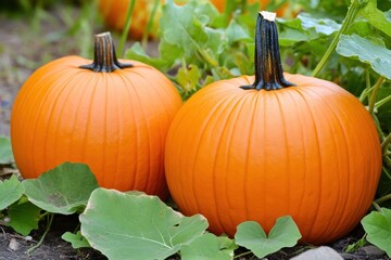 Fresh orange pumpkins surrounded by green leaves in garden setting
