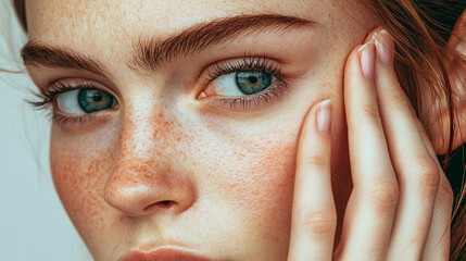 Naklejka premium Close-up portrait of a young woman with freckles and blue eyes, hand gently touching her face.