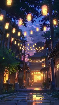 Vertical Peaceful Anime Village with Swaying Lanterns at Dusk. Loop. Generative AI.