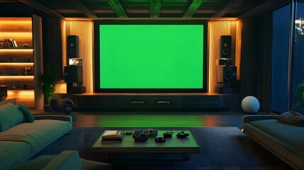A modern living room featuring a large green screen for entertainment or presentations.