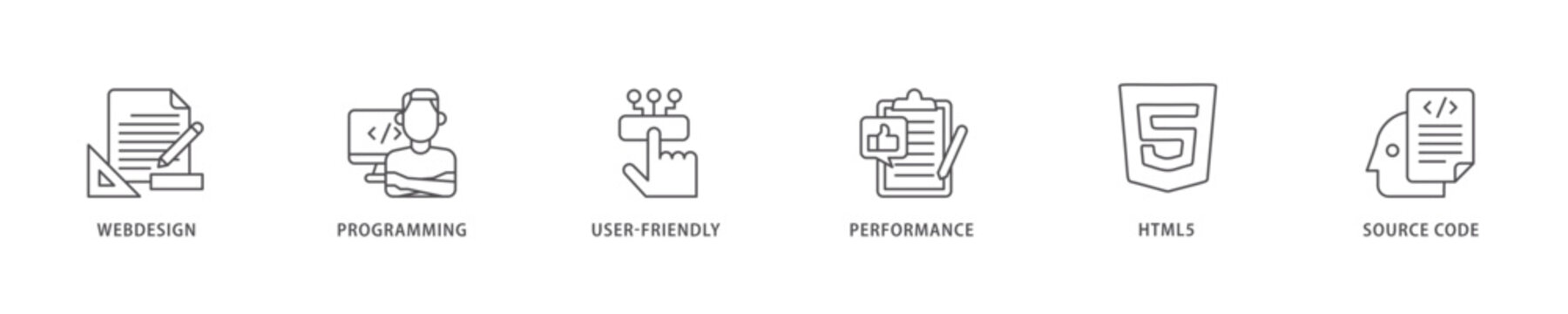 Mobile first icon set flow process which consists of webdesign, programming, user-friendly, performance, html5 and source code icon live stroke and easy to edit .