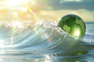 Green globe resting on the crest of a wave, with sunlight refracting into rainbows on its surface.