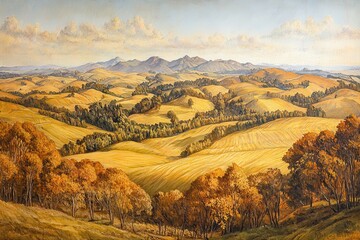 Fototapeta premium Golden Rolling Hills with Fall Foliage and Majestic Mountains