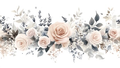 Watercolor Floral Border Roses and Greenery