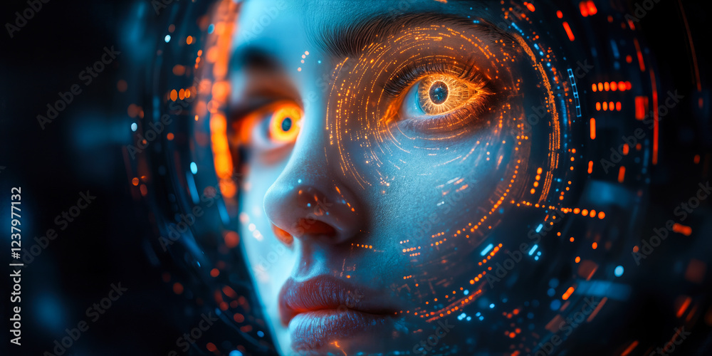 Poster futuristic ai network visualization with digital interface and face recognition concept