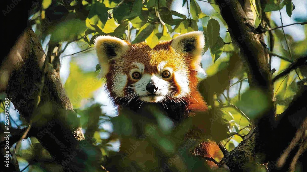 Poster deep within a serene forest, a red panda perches on a sturdy branch, gazing curiously through vibran