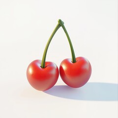 Bright red cherries with green stems, placed together in a pair, placed on a bright white background