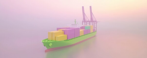 Naklejka premium Cargo Ship in Foggy Harbor at Sunrise
