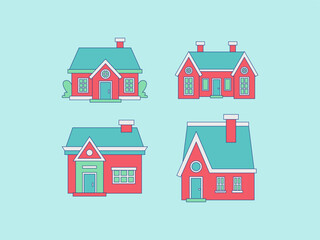 Fototapeta premium A charming collection of four distinct cartoon-style houses with colorful outlines, featuring various architectural elements perfect for residential design and property concepts