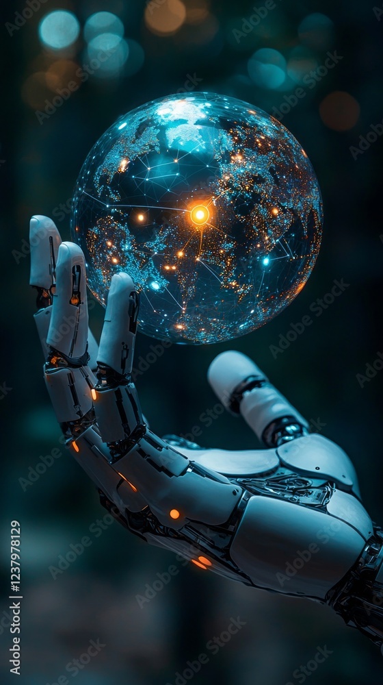 Poster a futuristic robotic hand holds a shimmering holographic sphere filled with luminous connections, sy
