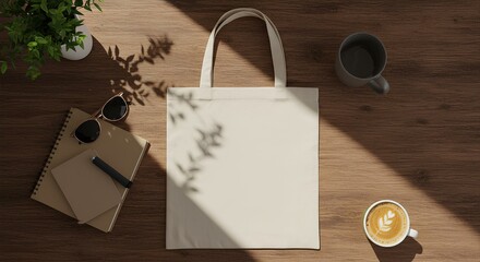 Flat-Lay Cotton Tote Bag Mockup on Wooden Surface &ndash; Blank Canvas for Branding, Promotional Design, Custom Logo Placement with Stylish Accessories Like Notebook, Sunglasses, and Coffee Cup