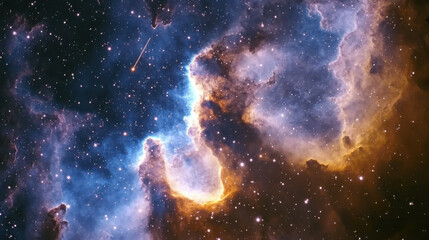 A mesmerizing deep-space vista, celestial bodies floating amidst swirling nebulae, radiant golden and cobalt blue hues