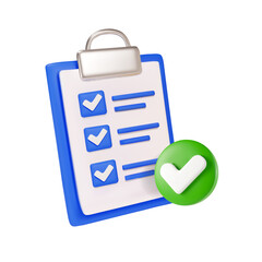 Basic R3d document with check mark icon. Todo check list complete, efficient work on project plan, approved assignment and exam, 3d icon vector render illustrationGB