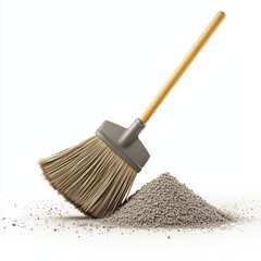broom sweeping up a small pile of dust, centered on a clean white background
