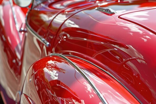 Polished red vintage car reflecting the sky, showcasing its classic design and impeccable condition