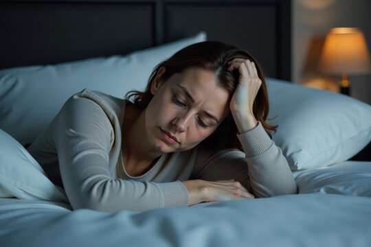 A woman lying awake in bed at night, overwhelmed by countless thoughts, depicting insomnia, stress, and mental restlessness.