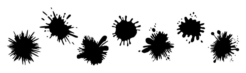 Set of black splatters on transparent background. The splatters are of different sizes and shapes. Vector illustrations