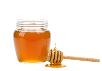 Jar with honey and honey dipper with drop of honey isolated on white background, front view, no depth of field, sharp