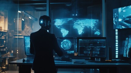 Obraz premium Humanoid AI Agent Assisting in a High-Tech Office