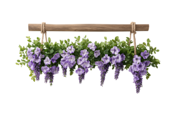 Flower,garland,isolated clipart. Hanging floral arrangement with purple flowers and greenery on a wooden beam against a black background.