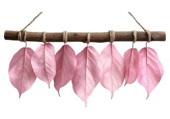 Flower,garland,isolated clipart. Hanging pink leaves on a rustic branch against a black background.