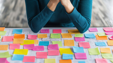 Fototapeta premium Manager leading brainstorming session with colorful sticky notes on table